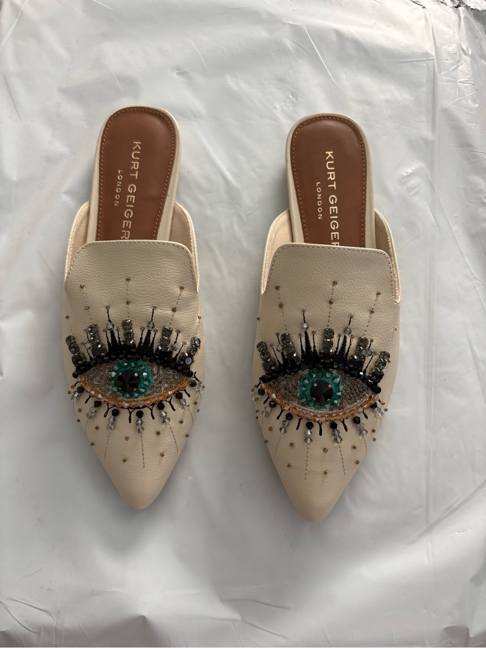 Kurt Geiger Cream Pointed Slip-On Mules with Green Eye Embellishment Size 37
